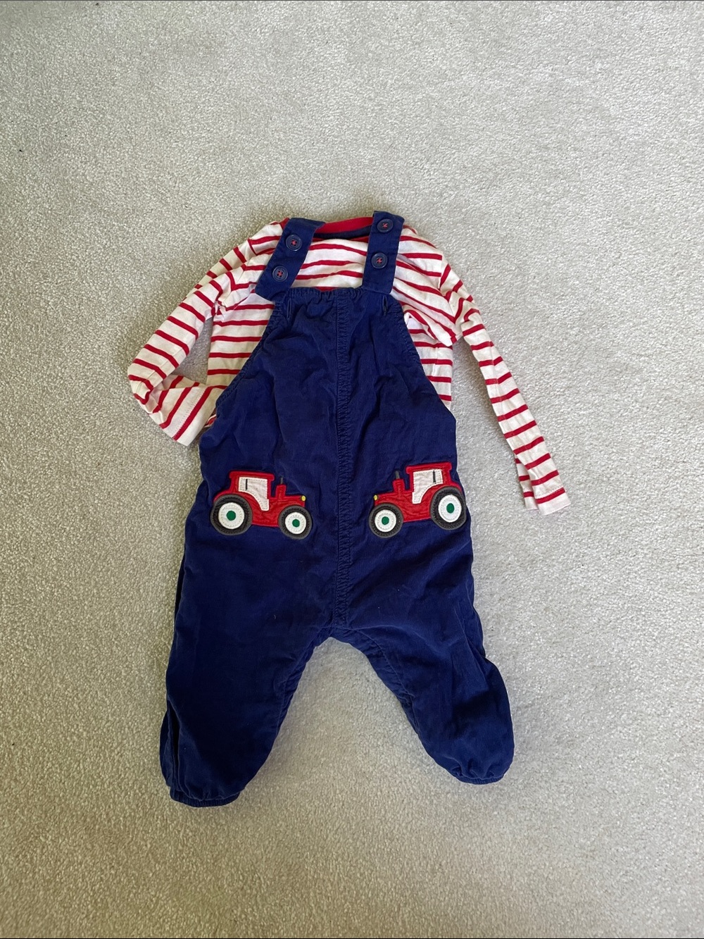 Baby Boden Navy Corduroy Overalls with Red Tractor Appliqués